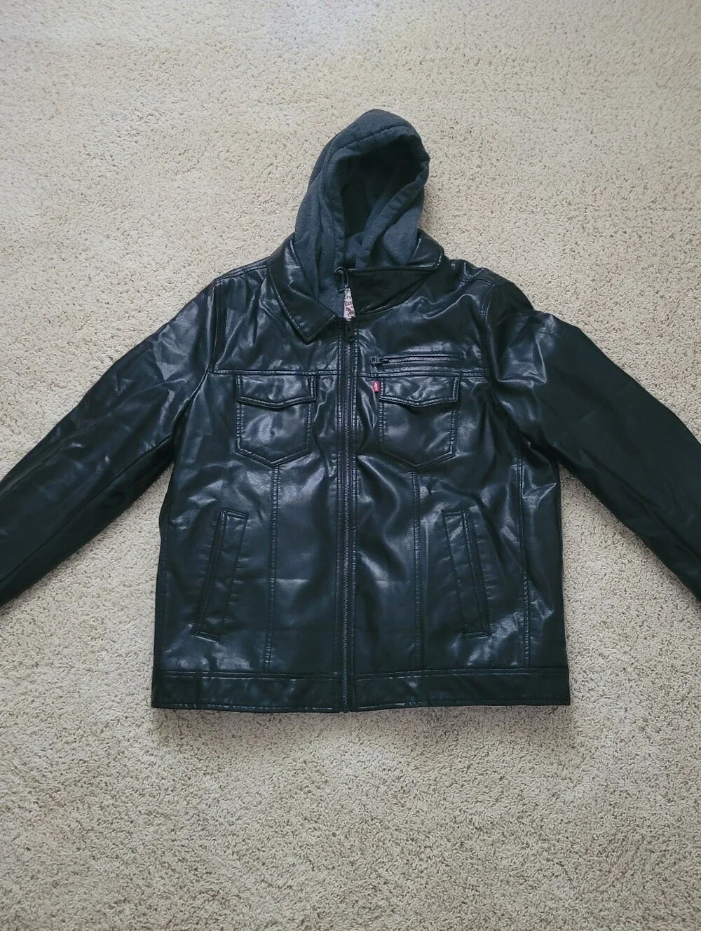 Levi Strauss Mens Black Faux Leather Moto Trucker Hoodie Layer Jacket L